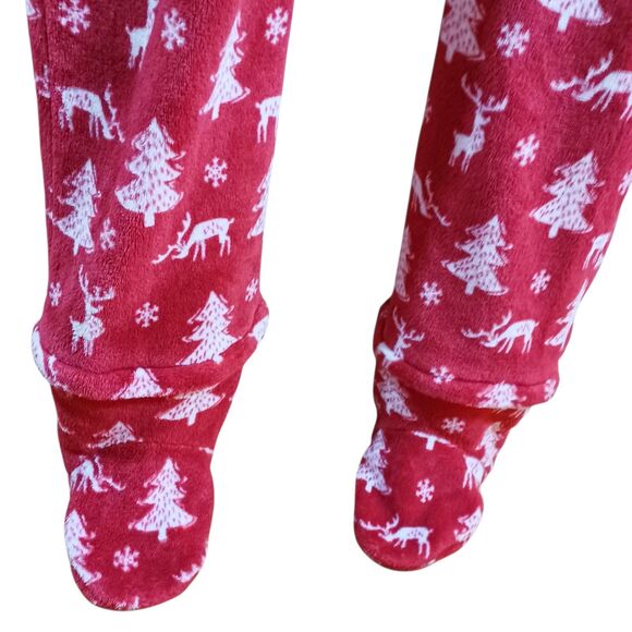 SleepytimePjs Red Holiday Hooded One Pc Adult M/L Zipper Footies Reindeer Trees - Picture 7 of 10